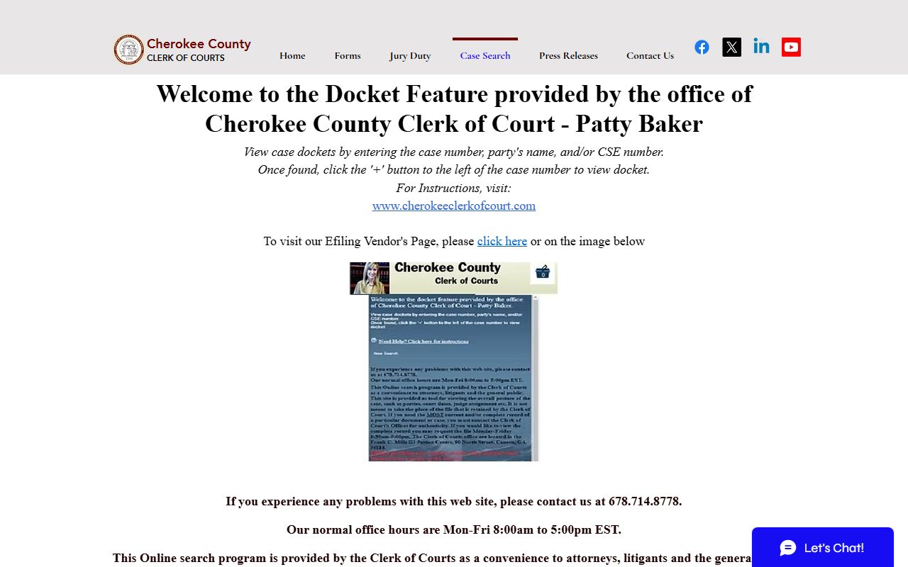 Cherokee County court records after arrest Clerk case search page