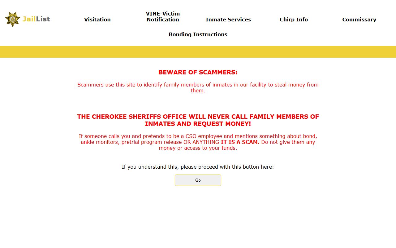 Cherokee County jail mugshots JailList warning page