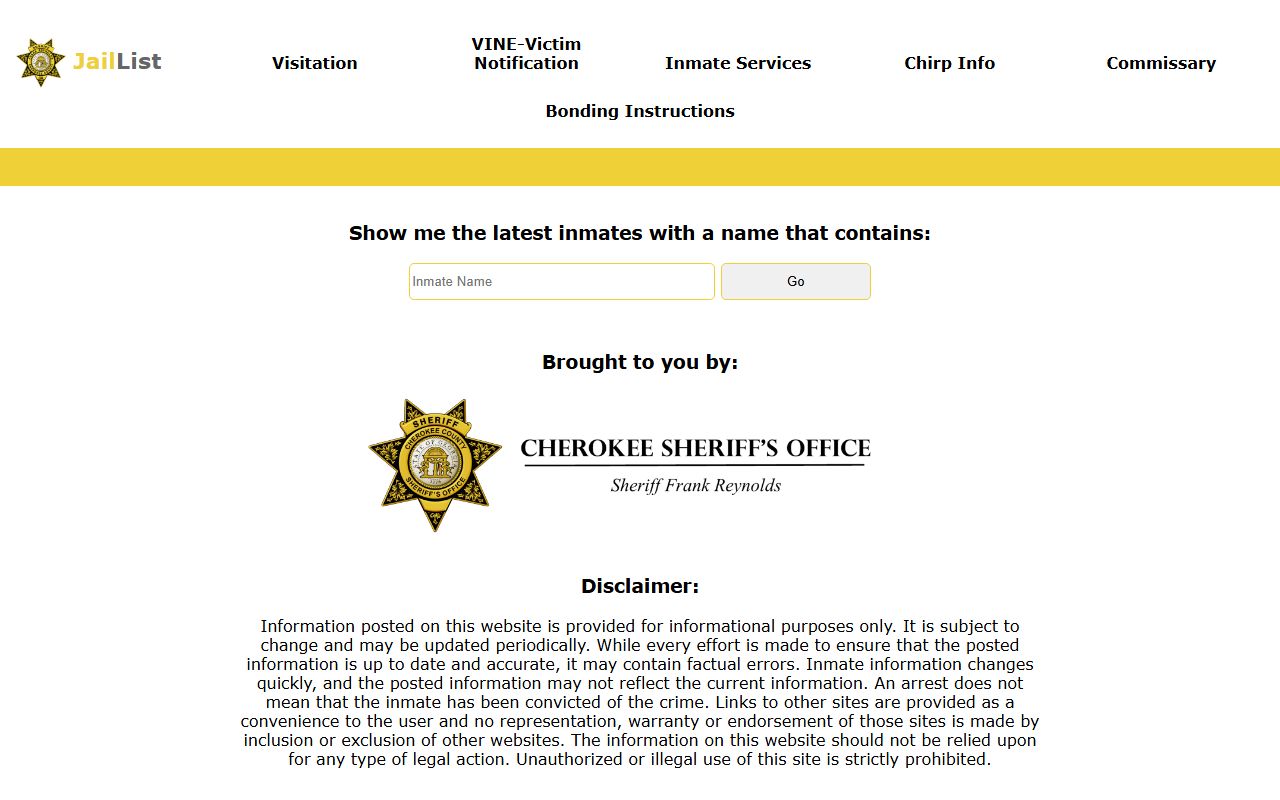 Cherokee County inmate population JailList search form