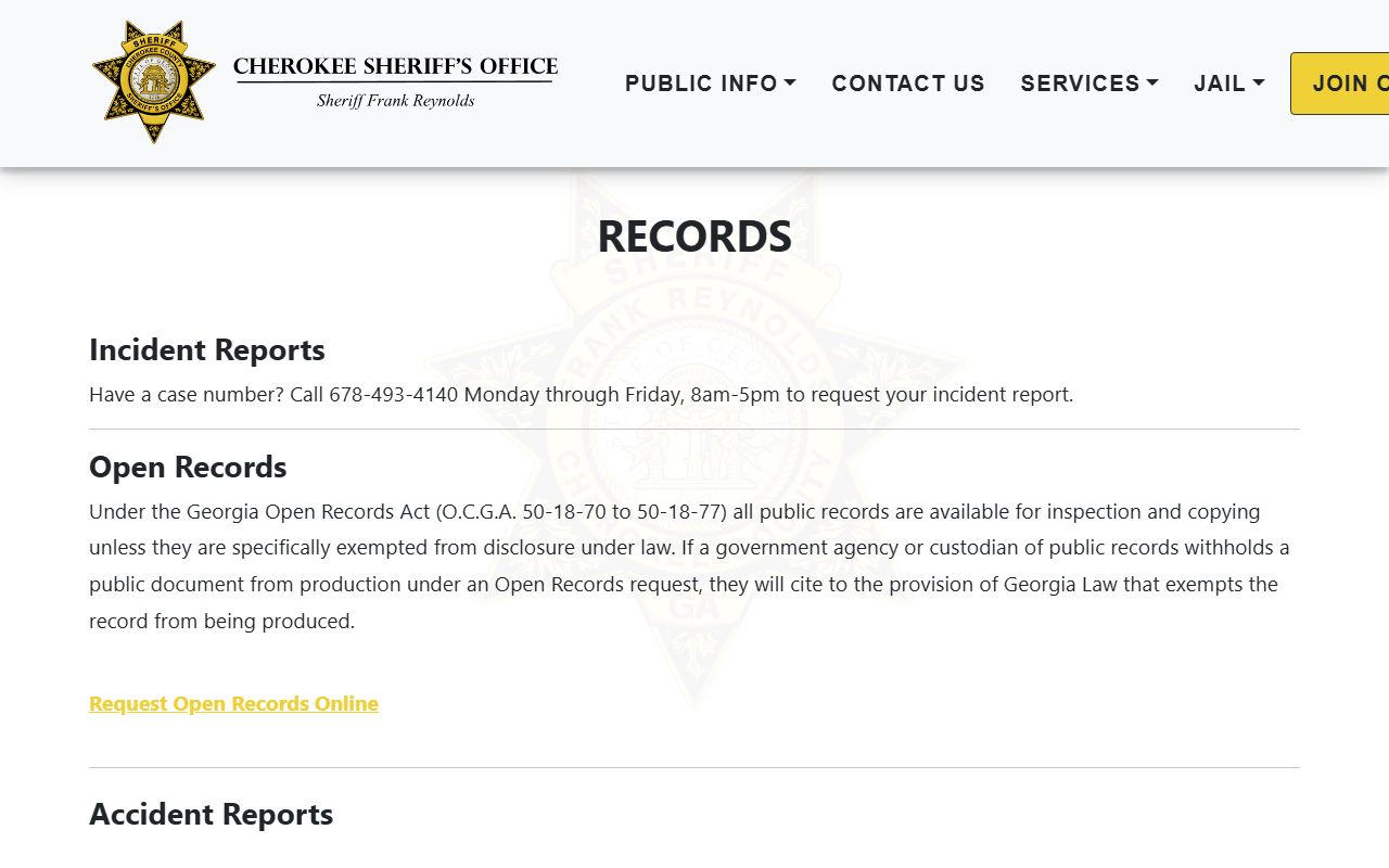 Cherokee County booking photo open records request page