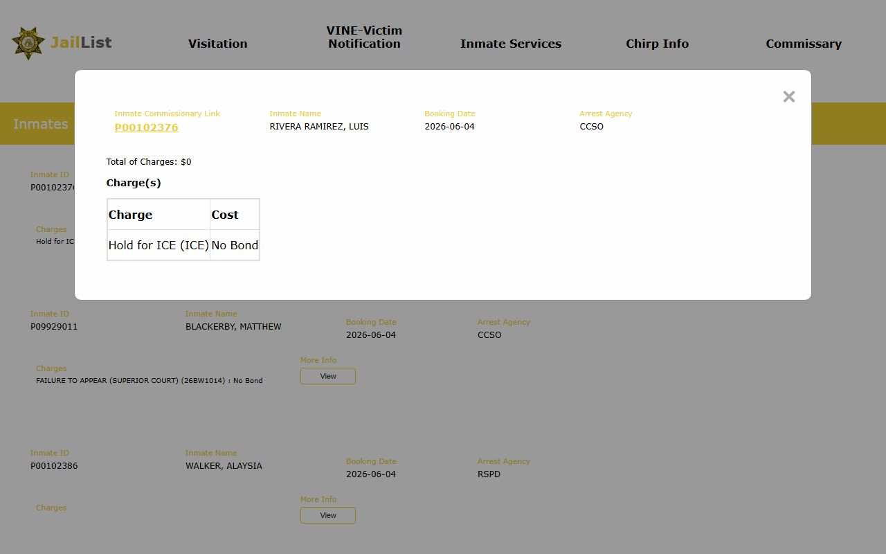 Cherokee County inmate records JailList result and modal