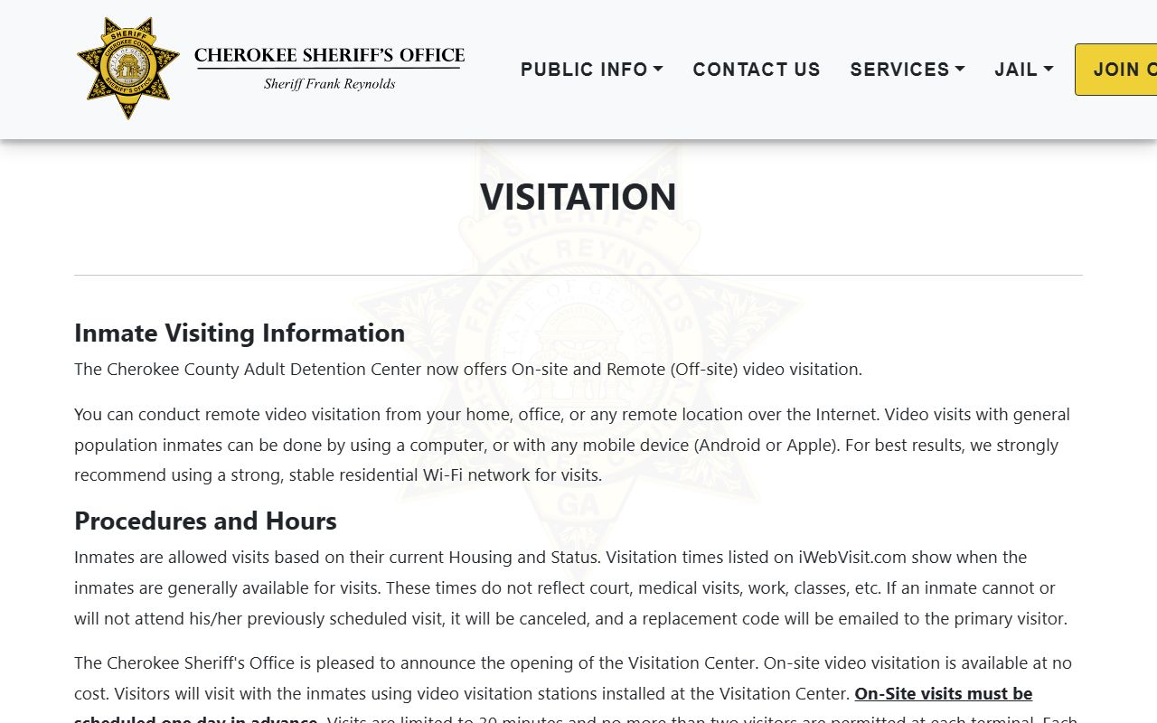 Cherokee County Adult Detention Center visitation schedule